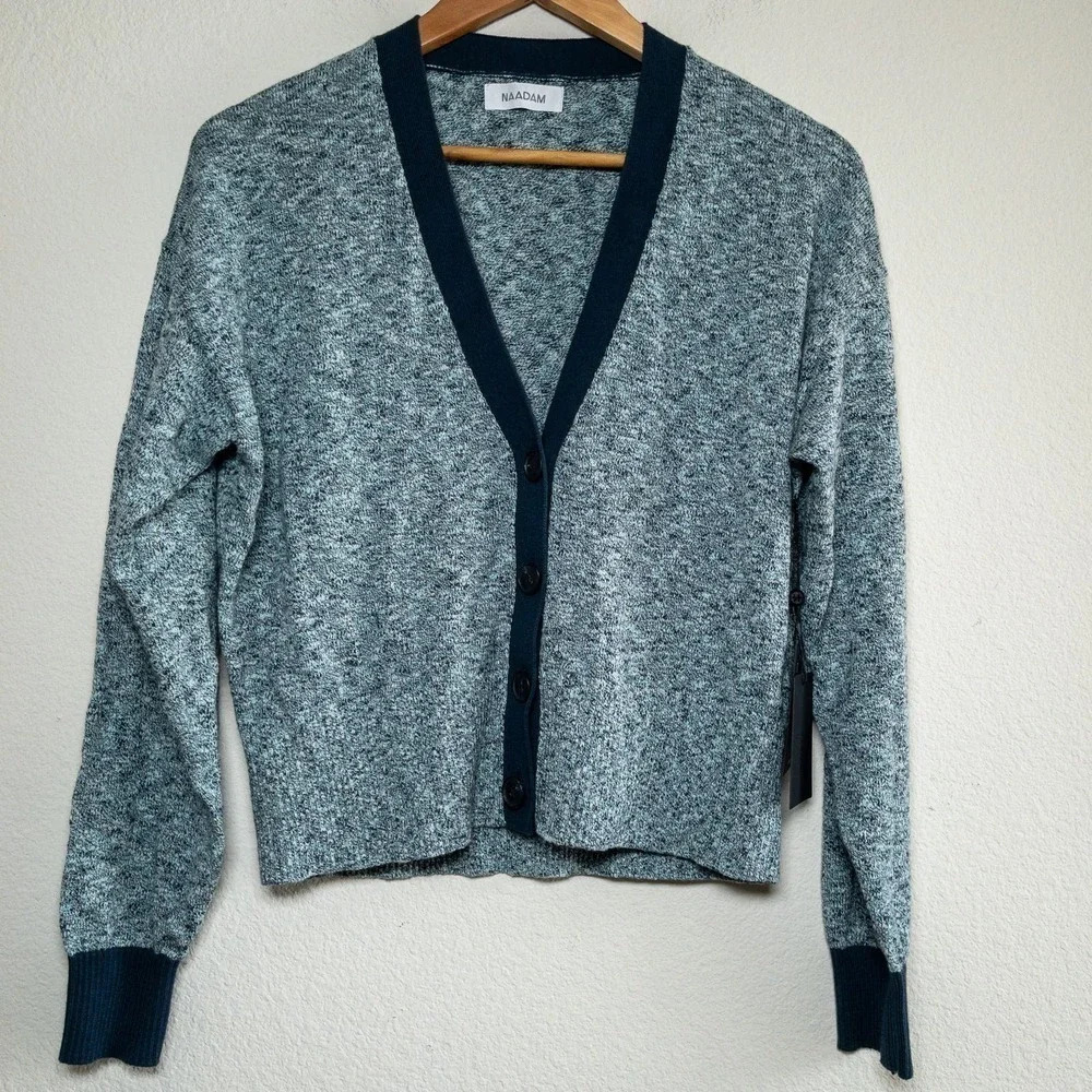 Naadam V-Neck Cardigan Cashmere blend Blue Trim Womens Small